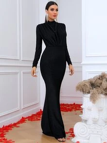 LOVE&LEMONADE Draped Front Mock Neck Glitter Dress, Black Elegant Long Sleeve Formal Evening Prom Gown, For Wedding Guest, Graduation, Dinner, Party Dress - Black - View 4