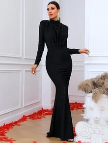 LOVE&LEMONADE Draped Front Mock Neck Glitter Dress, Black Elegant Long Sleeve Formal Evening Prom Gown, For Wedding Guest, Graduation, Dinner, Party Dress - Black - View 5