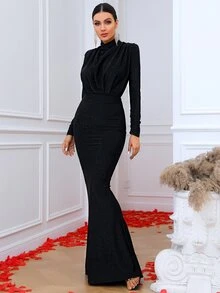 LOVE&LEMONADE Draped Front Mock Neck Glitter Dress, Black Elegant Long Sleeve Formal Evening Prom Gown, For Wedding Guest, Graduation, Dinner, Party Dress - Black - View 6