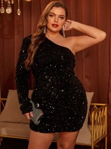 LOVE&LEMONADE Plus One Shoulder Sequins Bodycon Dress - Black - View 1