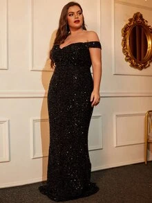 LOVE&LEMONADE Plus Off Shoulder Sequin Formal Dress - Black - View 4