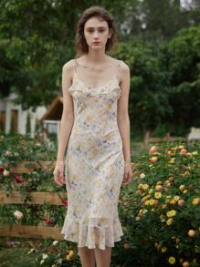 Simple Retro Ditsy Floral Ruffle Trim Cami Dress - Multicolor - View 1