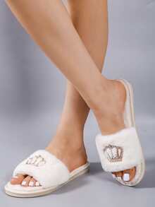 水鑽和皇冠裝飾毛絨臥室拖鞋 - 米色 - 查看 5