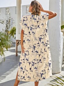 Breezaya Tie Dye Split Thigh Dress - Blue and White - View 2