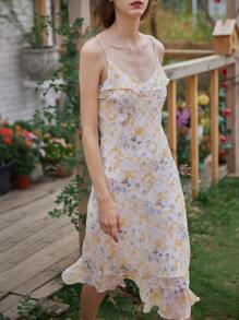 Simple Retro Ditsy Floral Ruffle Trim Cami Dress - Multicolor - View 4