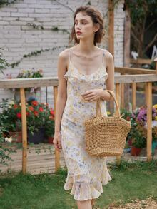 Simple Retro Ditsy Floral Ruffle Trim Cami Dress - Multicolor - View 5