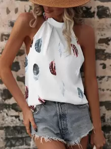 SHEIN LUNE 羽毛印花後鎖孔襯衫 - 白色 - 查看 1