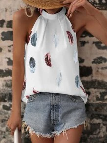 SHEIN LUNE 羽毛印花後鎖孔襯衫 - 白色 - 查看 3