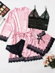 5pack Striped Contrast Lace Satin Lingerie Set & Robe, Fall Clothes