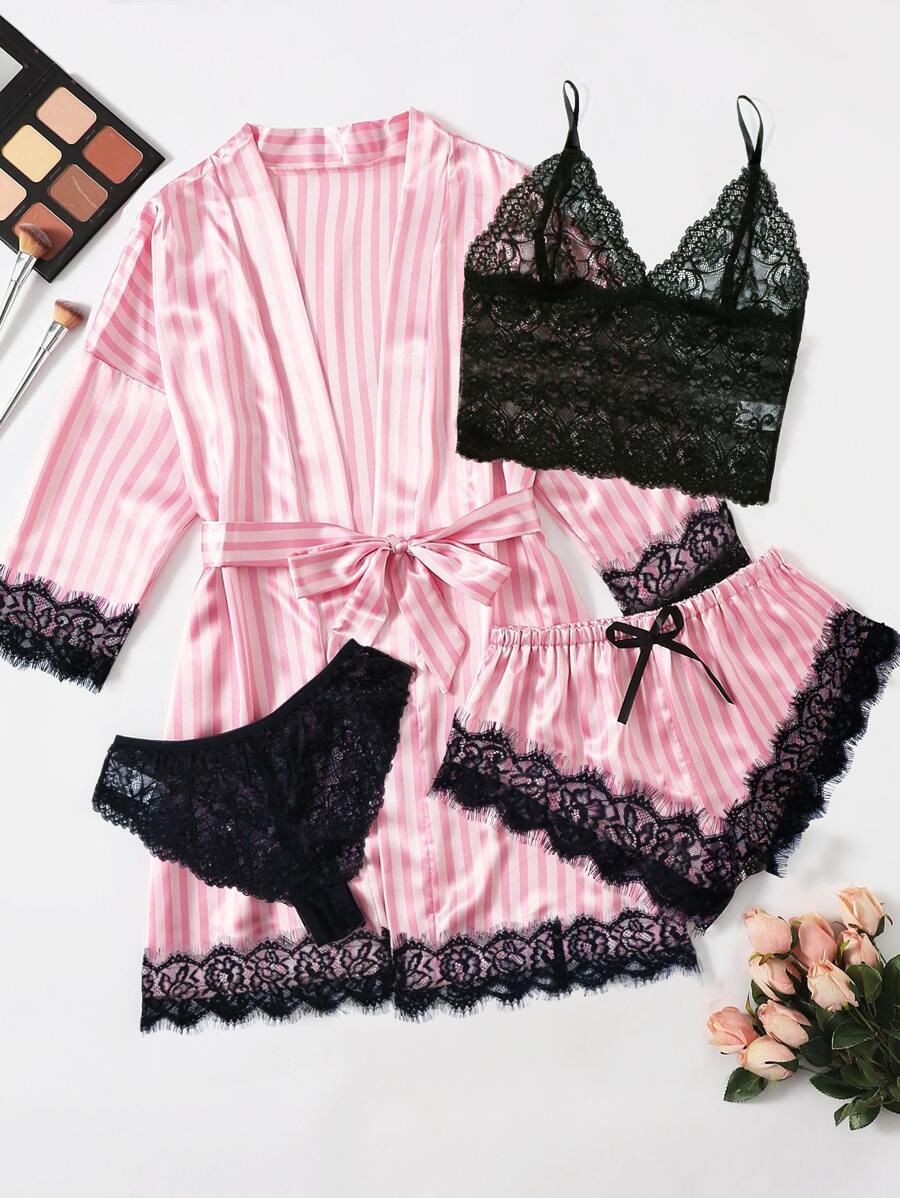 5pack Striped Contrast Lace Satin Lingerie Set & Robe, Fall Clothes