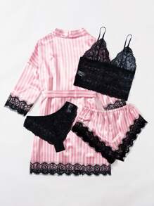 5pack Striped Contrast Lace Satin Lingerie Set & Robe, Fall Clothes