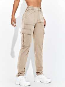 SHEIN EZwear Flap Pocket Side Cargo Jeans - Khaki - View 1