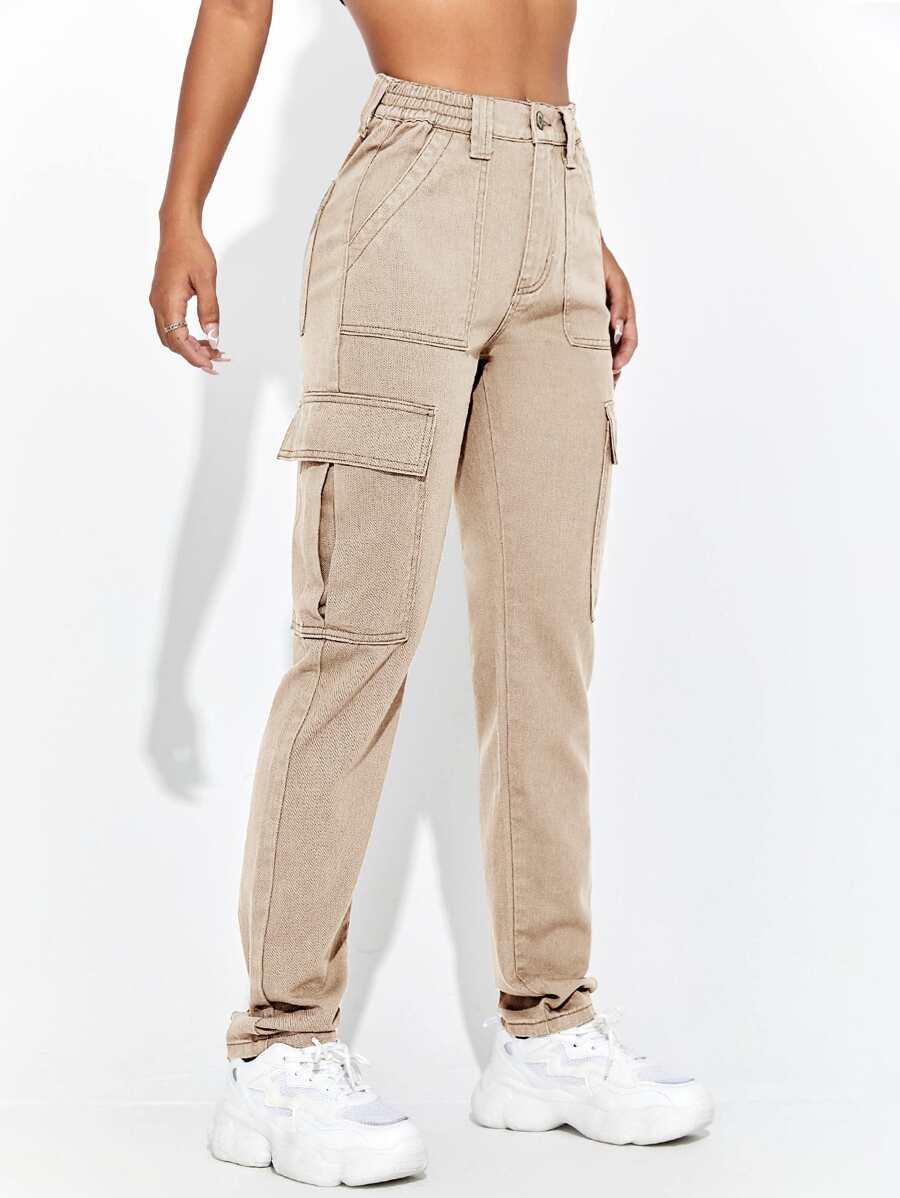 SHEIN EZwear Flap Pocket Side Cargo Jeans - Khaki - View 1
