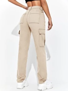 SHEIN EZwear Flap Pocket Side Cargo Jeans - Khaki - View 2