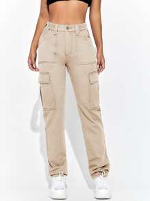 SHEIN EZwear Flap Pocket Side Cargo Jeans - Khaki - View 4