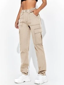 SHEIN EZwear Flap Pocket Side Cargo Jeans - Khaki - View 5