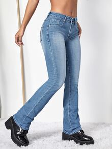 Floral Embroidery Bootcut Jeans - Light Wash - View 3