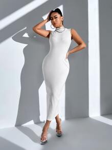 SHEIN SXY Mock Neck Ribbed Knit Tank Dress - White - View 7