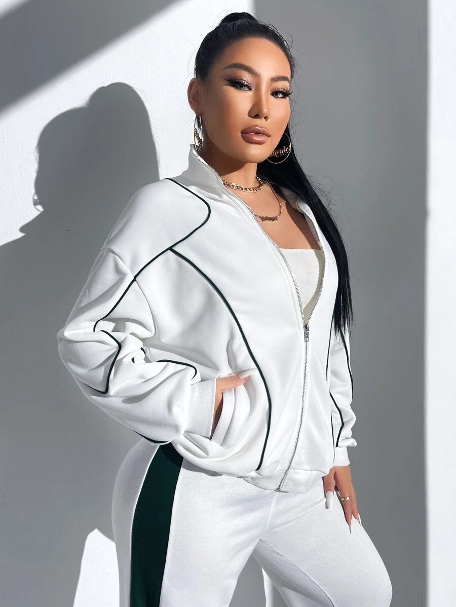 SHEIN SXY Drop Shoulder Zip Up Drawstring Hoodie - White - View 1