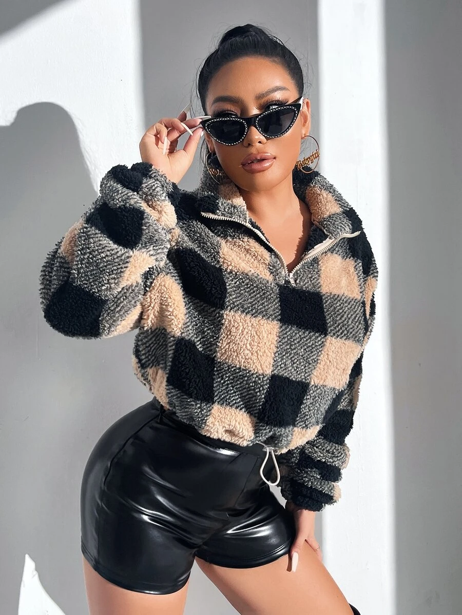 SHEIN SXY Buffalo Plaid Pattern Drop Shoulder Teddy Pullover - Multicolor - View 1