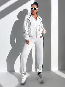 SHEIN SXY Drop Shoulder Zip Up Drawstring Hoodie - White - View 5