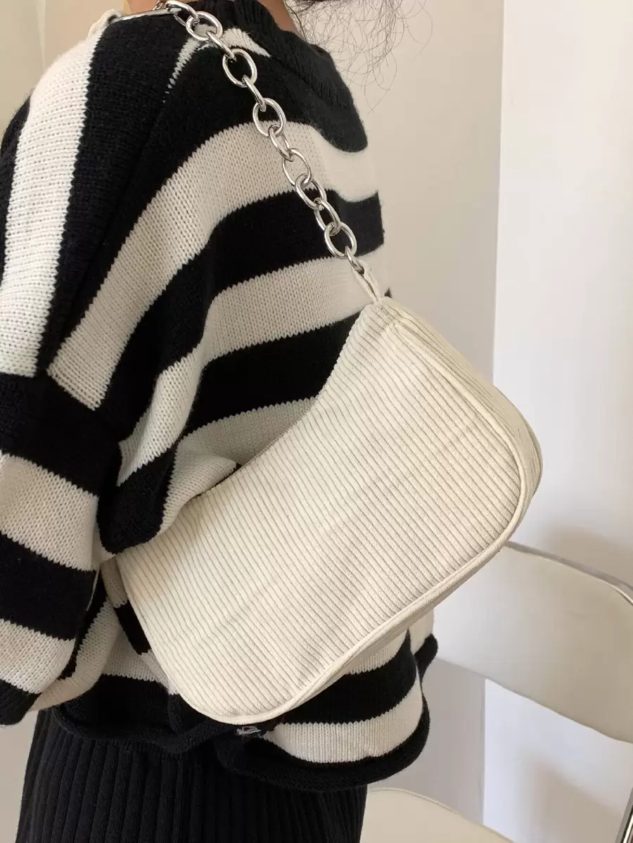 燈芯絨單肩鏈條長方形包