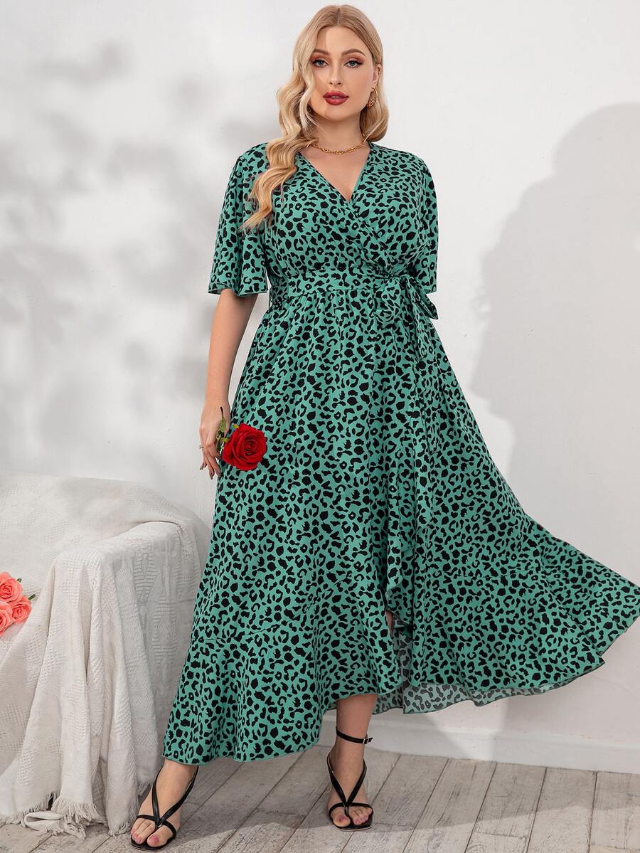 SHEIN LUNE Plus Surplice Front Belted Allover Print Dress - Teal Blue - View 1