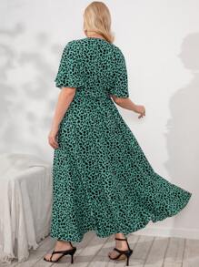 SHEIN LUNE Plus Surplice Front Belted Allover Print Dress - Teal Blue - View 2