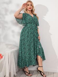 SHEIN LUNE Plus Surplice Front Belted Allover Print Dress - Teal Blue - View 4