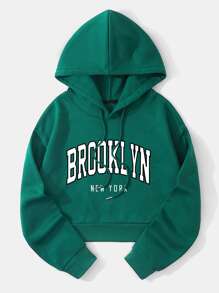 SHEIN EZwear Áo hoodie ngắn Đồ họa Chữ cái Lót nhiệt Dây rút - Màu xanh lá cây đậm - Xem 1