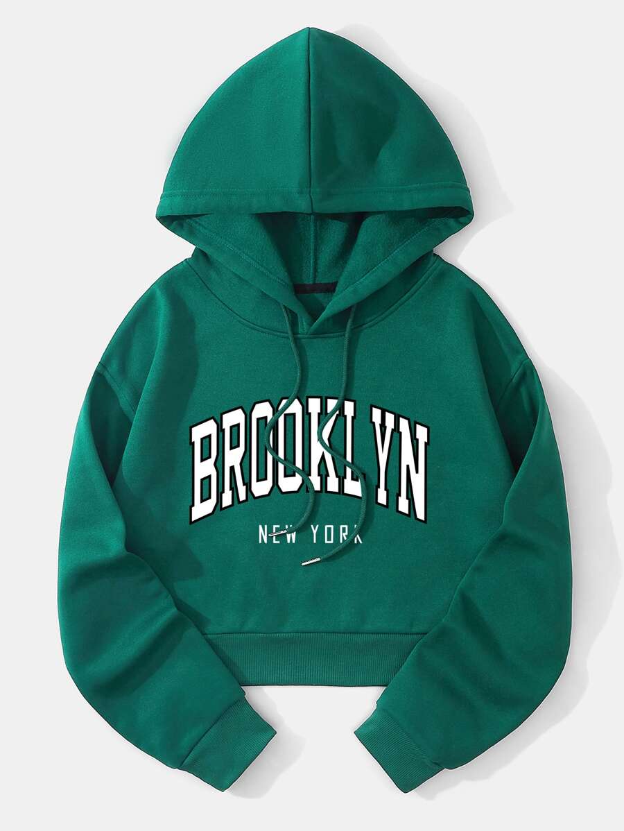 SHEIN EZwear Áo hoodie ngắn Đồ họa Chữ cái Lót nhiệt Dây rút - Màu xanh lá cây đậm - Xem 1