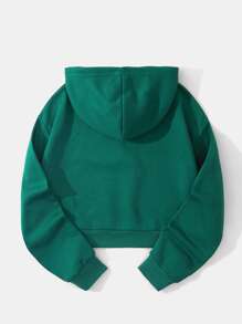 SHEIN EZwear Áo hoodie ngắn Đồ họa Chữ cái Lót nhiệt Dây rút - Màu xanh lá cây đậm - Xem 2