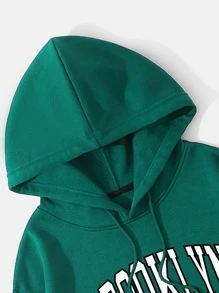SHEIN EZwear Áo hoodie ngắn Đồ họa Chữ cái Lót nhiệt Dây rút - Màu xanh lá cây đậm - Xem 3