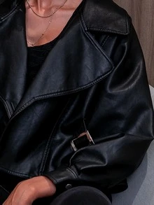 D&M Flap Pocket Oversize PU Leather Jacket - Black - View 8