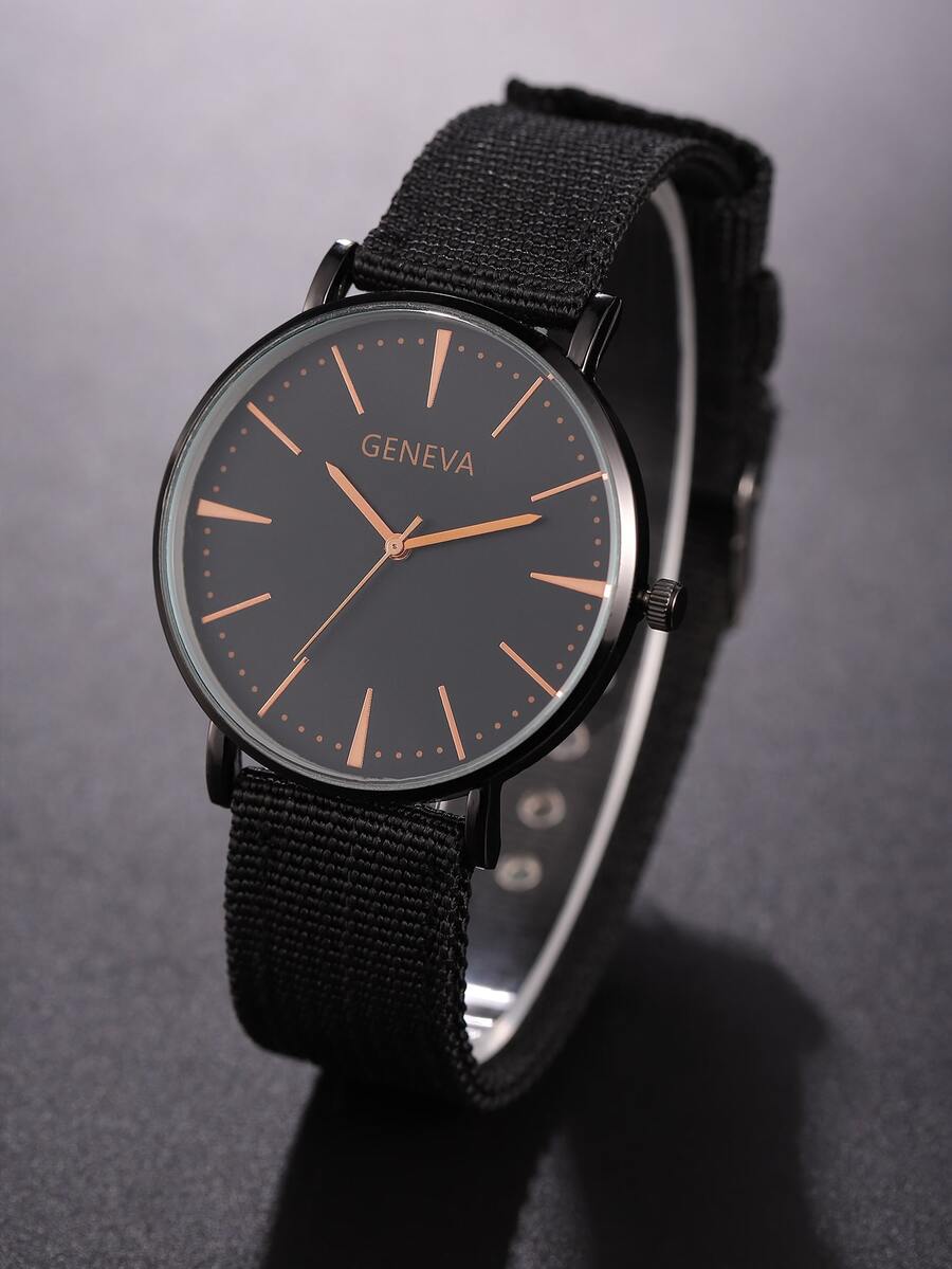 男士尼龍帶圓形指針石英手錶 - 黑色 - 查看 1