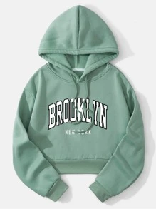 SHEIN EZwear 字母圖案加絨內裏抽繩短款連帽衫 - 薄荷綠 - 查看 1