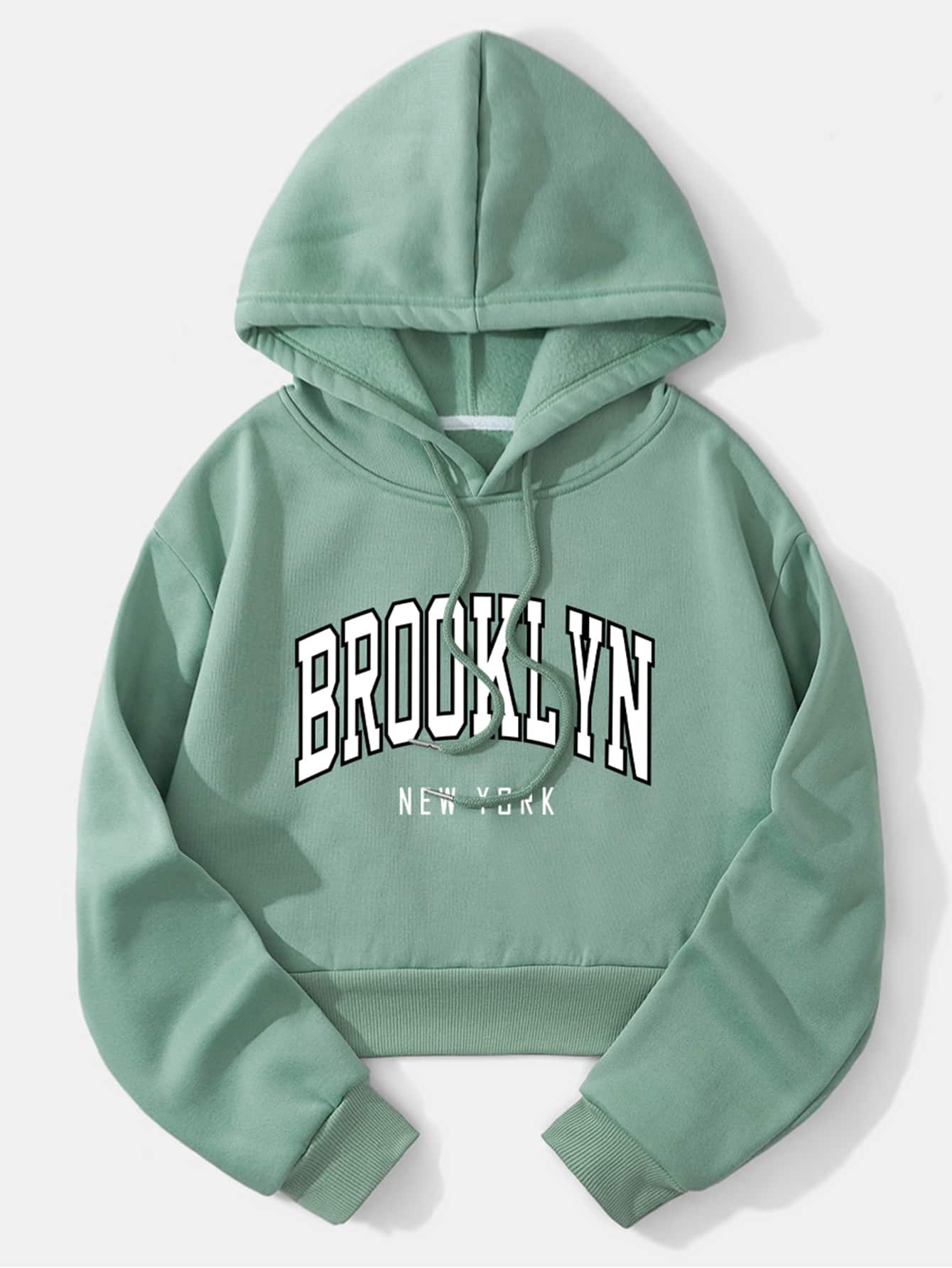 SHEIN EZwear 字母圖案加絨內裏抽繩短款連帽衫 - 薄荷綠 - 查看 1