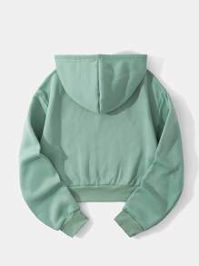 SHEIN EZwear 字母圖案加絨內裏抽繩短款連帽衫 - 薄荷綠 - 查看 2