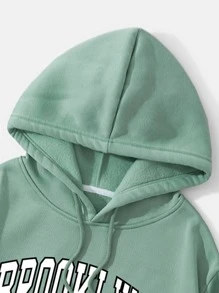 SHEIN EZwear 字母圖案加絨內裏抽繩短款連帽衫 - 薄荷綠 - 查看 3