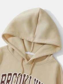 INAWLY 字母圖案加絨內裏抽繩短款連帽衫 - 杏色 - 查看 3