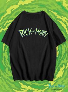 ROMWE MEN Rick and Morty | ROMWE 男士卡通圖案T恤 - 黑色 - 查看 2