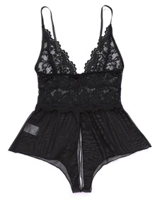 SHEIN Contrast Floral Lace Crotchless Bodysuit Lingerie, Baddie Look - Black - View 2