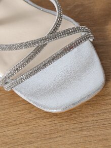 女士水鑽裝飾踝帶粗跟魅力四射涼鞋 - 銀色 - 查看 6