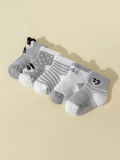 5對/套可愛動物有圖案襪子,包括灰色貓熊和藍色馬設計,舒服短襪子適用於嬰兒兒童
