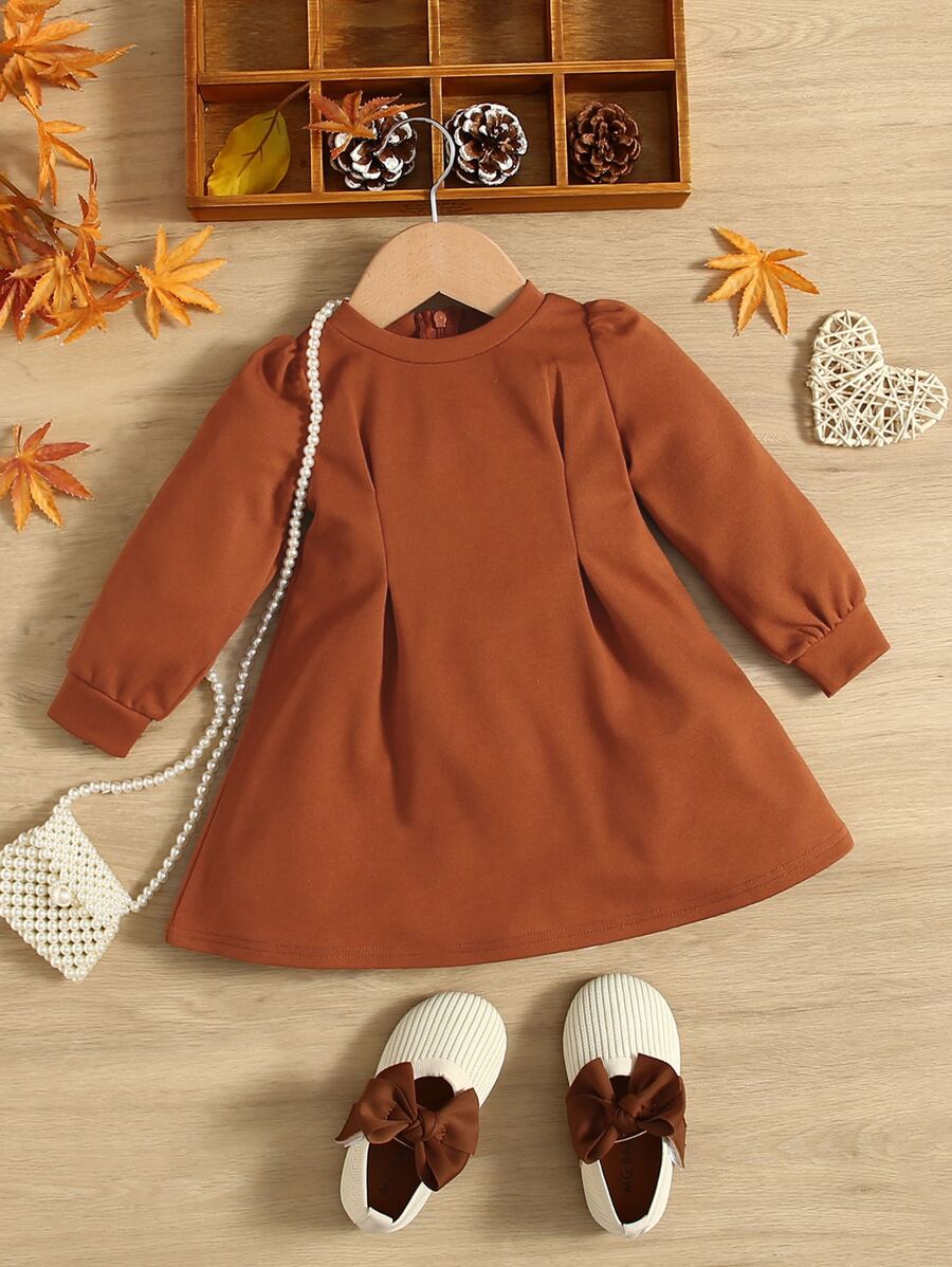 SHEIN Đứa bé gái Chi tiết xếp li Đầm - Màu Cam cháy - Xem 1