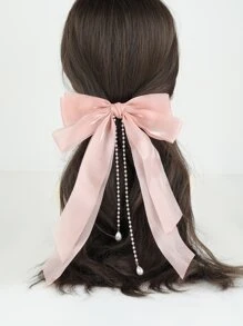 Kẹp tóc đính nơ và ngọc trai giả - Hồng - Xem 2