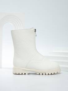 Girls Geometric Embossed Zipper Front Combat Boots - White - View 2