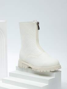 Girls Geometric Embossed Zipper Front Combat Boots - White - View 3