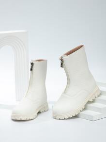 Girls Geometric Embossed Zipper Front Combat Boots - White - View 4