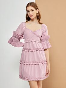 JIAN LASALA Frilled Sweetheart Neck Pleated Flounce Sleeve Dress - Dusty Pink - View 1